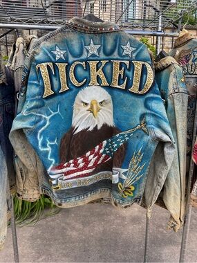 Vintage Tony Alamo 1987 Ticked Eagle Hand Painted Bedazzled Denim Jacket Large